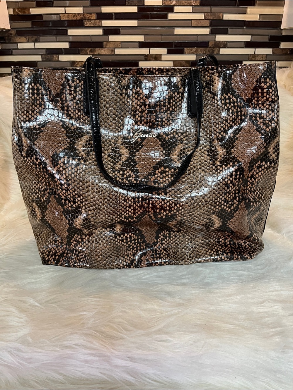 Guess Shiny Python-Print Patent Tote in Brown and Black